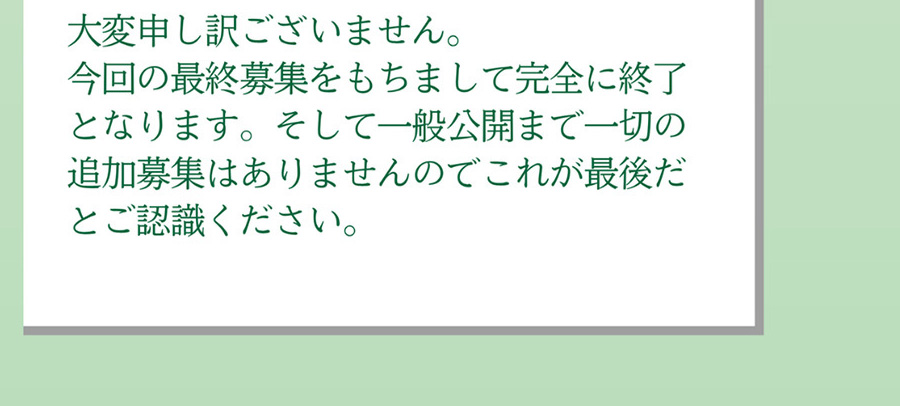 A.大変申し訳ございません。今回の最終募集をもちまして完全に終了となります。そして一般公開まで一切の追加募集はありませんのでこれが最後だとご認識ください。